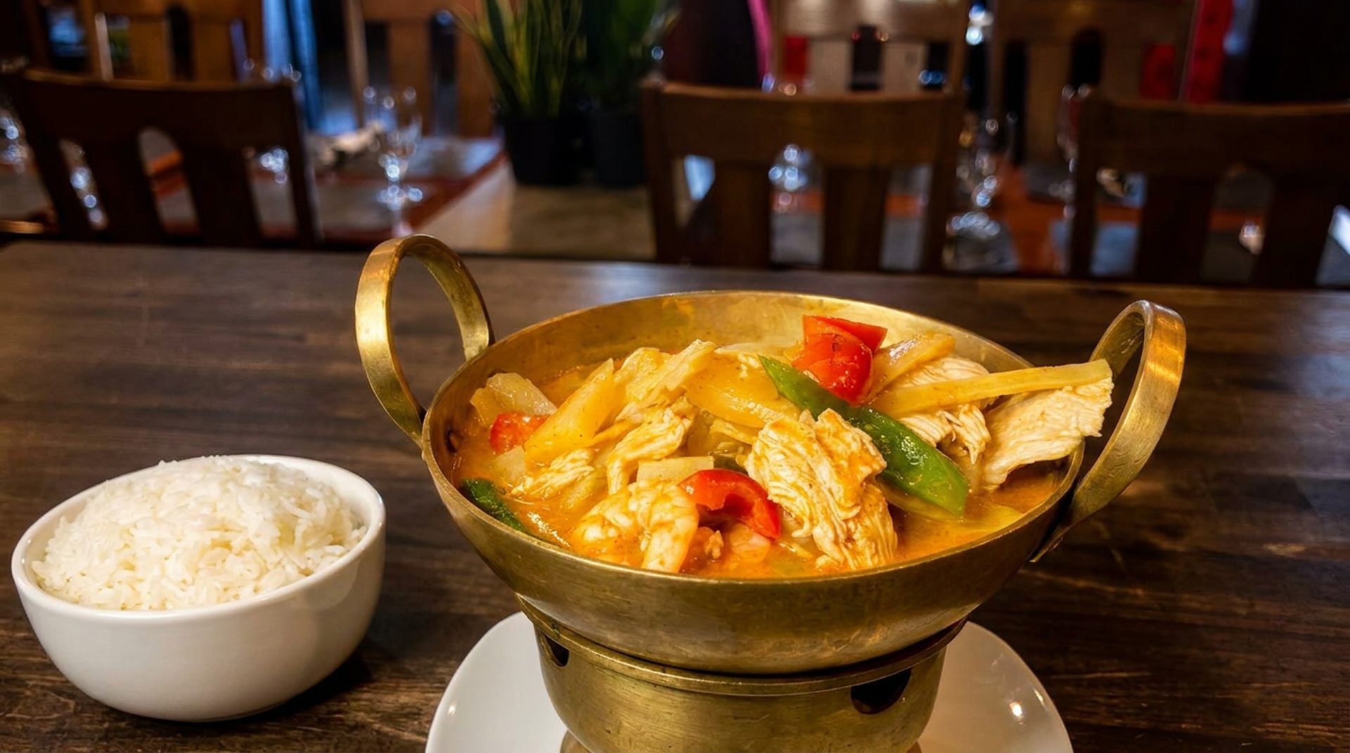Panang curry in a brass hot pot